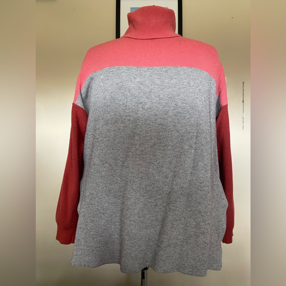 Forever 21+ Knit Turtleneck Tunic-Length Color-Block Gray Coral Rust Sweater 3X